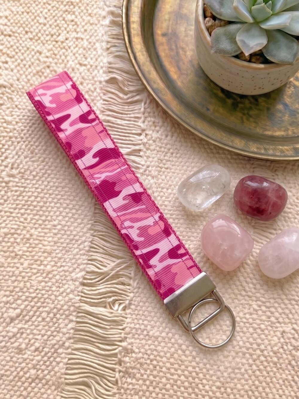 New Handmade Pink Camo Camouflage Ribbon Key Fob Wristlet